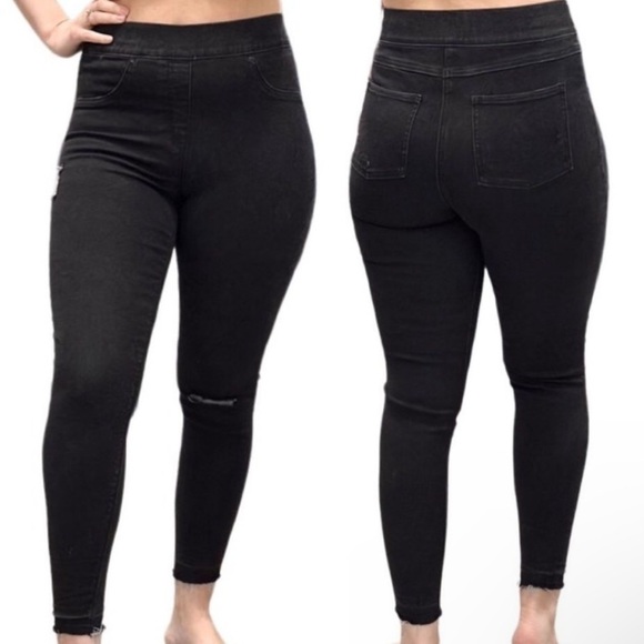 SPANX High Rise Black Distressed Raw Hem Crop Ankle Stretch Pull On Skinny Jean - Picture 1 of 16